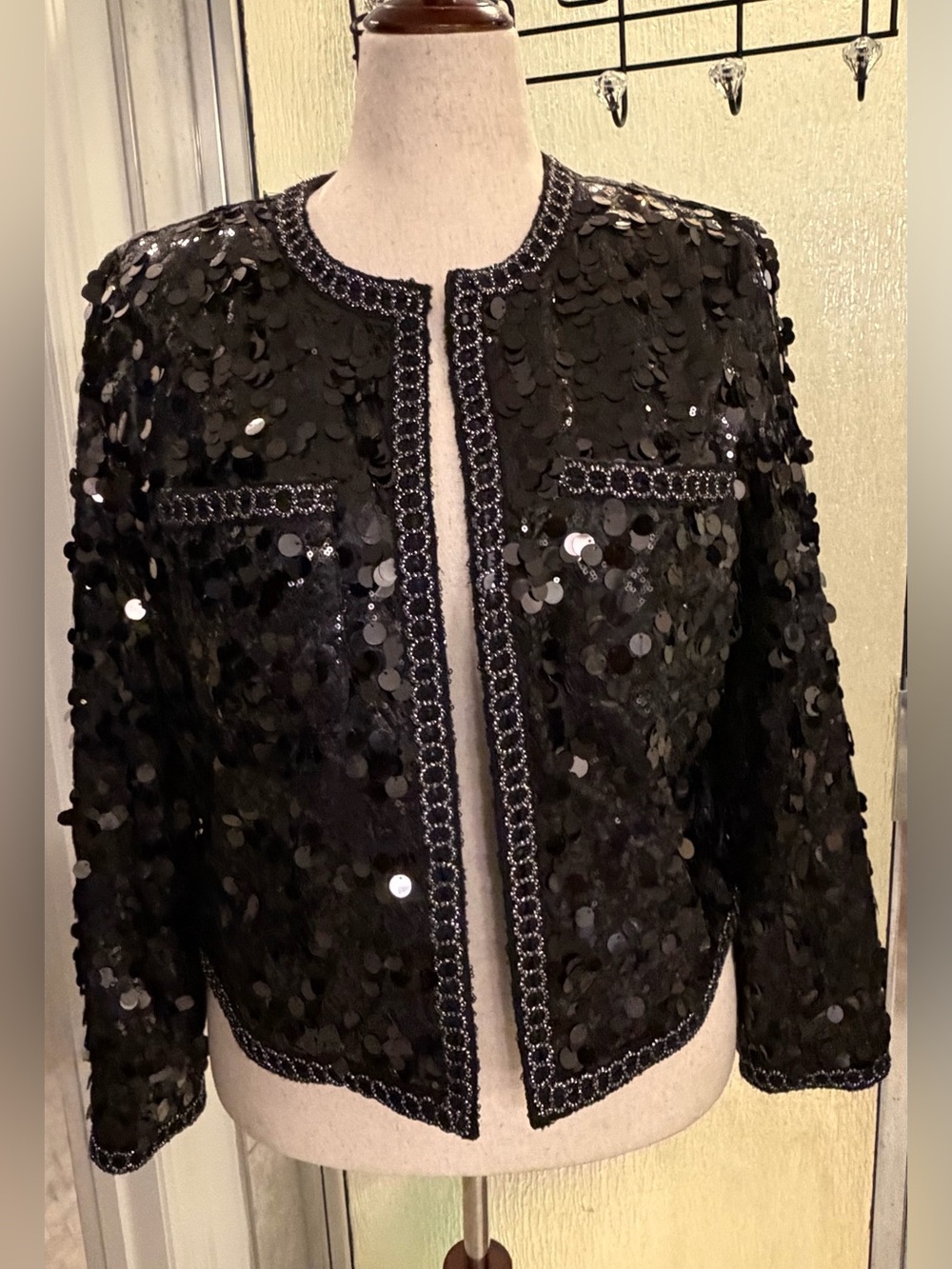 NWT Anne Klein Black Allover Sequin Open Front Jacket Size Large $100